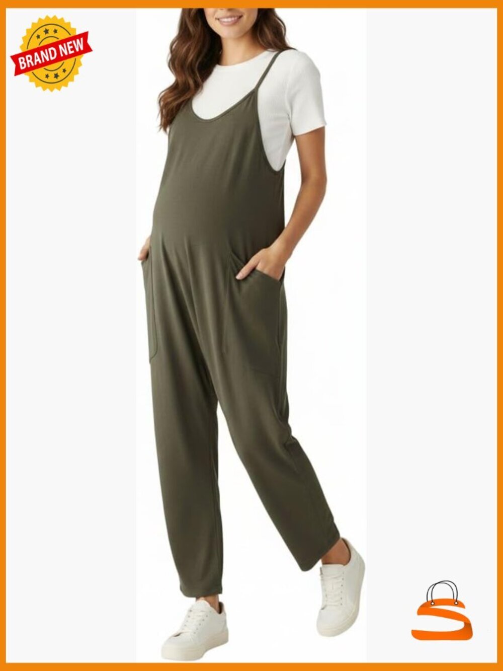 Maternity Romper Jumpsuit Sleeveless V-Neck Cotton Spandex Pockets